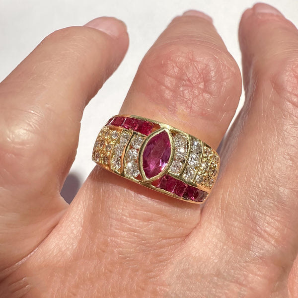 Wide 18K Gold Diamond Marquise Ruby Ring Band - Boylerpf