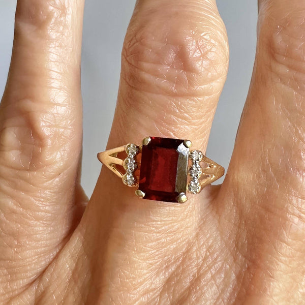 Vintage 14K Gold Diamond Emerald Cut Garnet Ring - Boylerpf