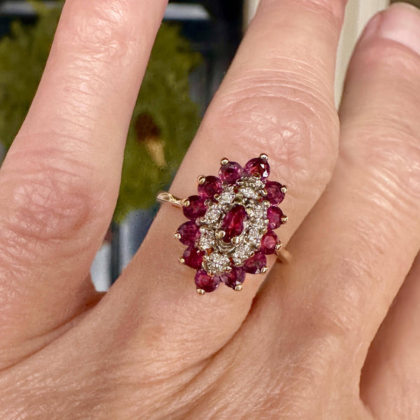 Vintage Gold Diamond Marquise Ruby Cluster Ring - Boylerpf