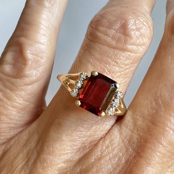 Vintage 14K Gold Diamond Emerald Cut Garnet Ring - Boylerpf