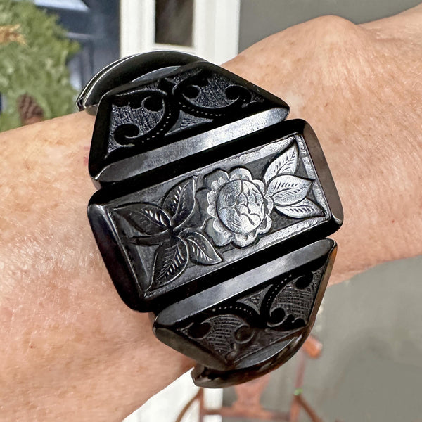 Antique Victorian Wide Carved Whitby Jet Bracelet - Boylerpf