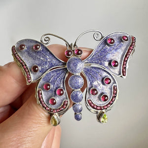 Silver Garnet Cabochon Peridot Enamel Butterfly Brooch - Boylerpf