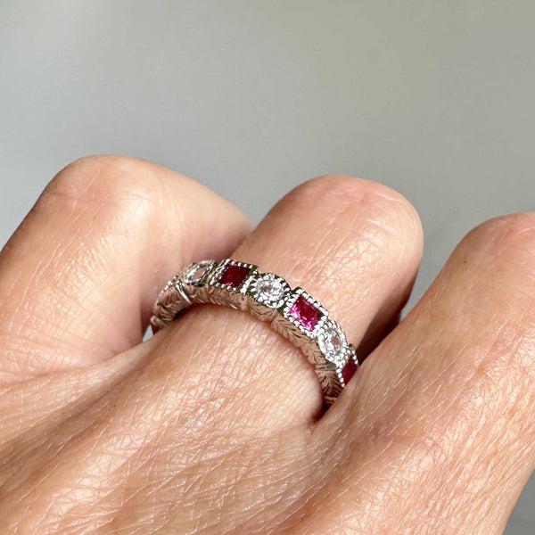 Sterling Silver Diamond Ruby Eternity Ring Band - Boylerpf