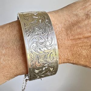 Victorian Revival Wide Engraved Silver Bracelet Bangle - Boylerpf