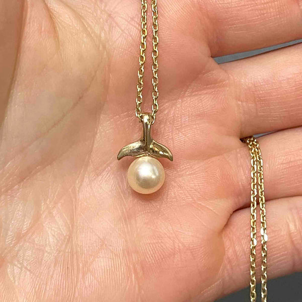 Vintage 10K Gold Whale Tail Na Hoku Pearl Pendant Necklace - Boylerpf