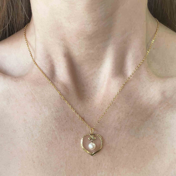 Vintage Mikimoto 14K Gold Open Heart Pearl Pendant Necklace - Boylerpf