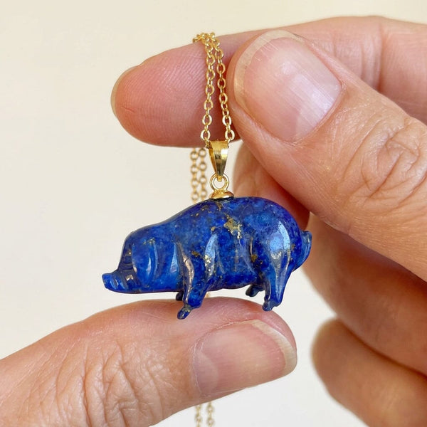 Vintage Lapis Lazuli Pig Pendant in Gold Vermeil