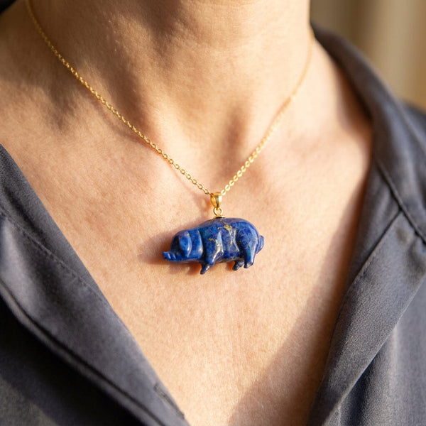 Vintage Lapis Lazuli Pig Pendant in Gold Vermeil