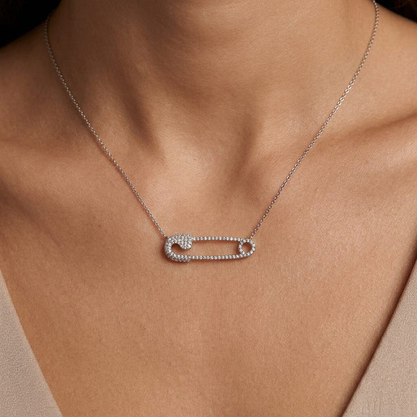 Vintage 18K White Gold Diamond Safety Pin Necklace