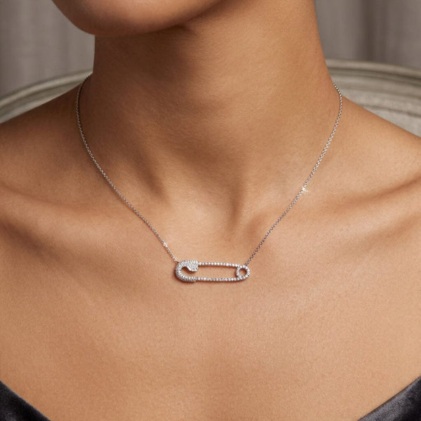 Vintage 18K White Gold Diamond Safety Pin Necklace
