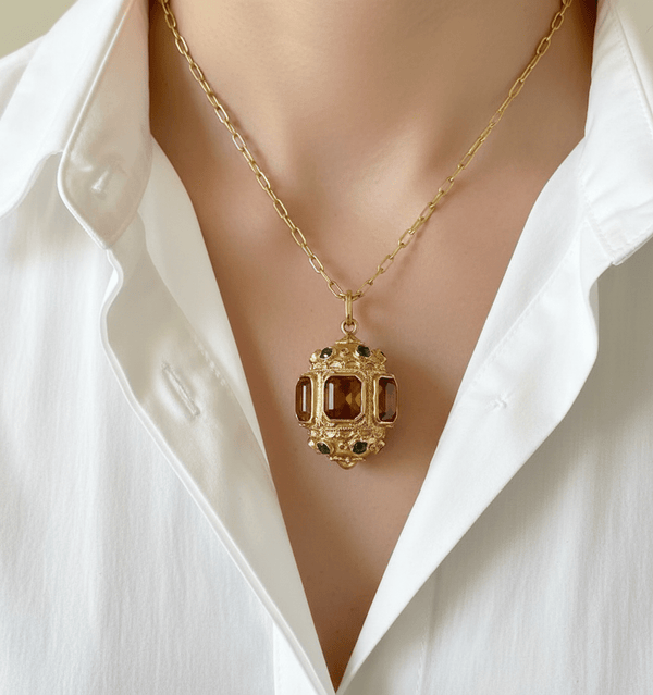 Victorian Revival Etruscan 18K Gold Citrine Green Tourmaline Pendant