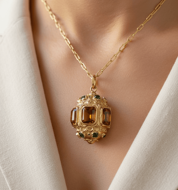 Victorian Revival Etruscan 18K Gold Citrine Green Tourmaline Pendant