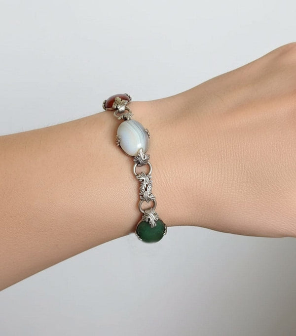 Arts & Crafts Silver Moss Agate Carnelian Chrysoprase Bracelet - Boylerpf