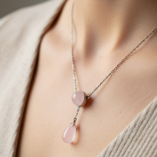 Antique Art Deco Silver Rose Quartz Pendant Necklace - Boylerpf