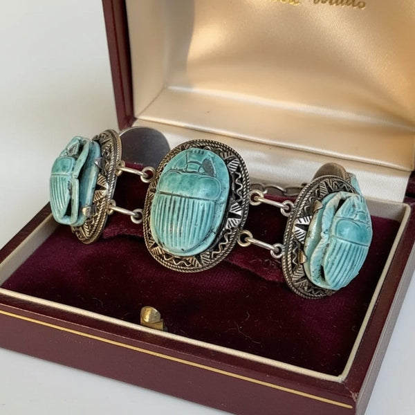 Vintage Egyptian Scarab Bracelet Turquoise Faience Silver