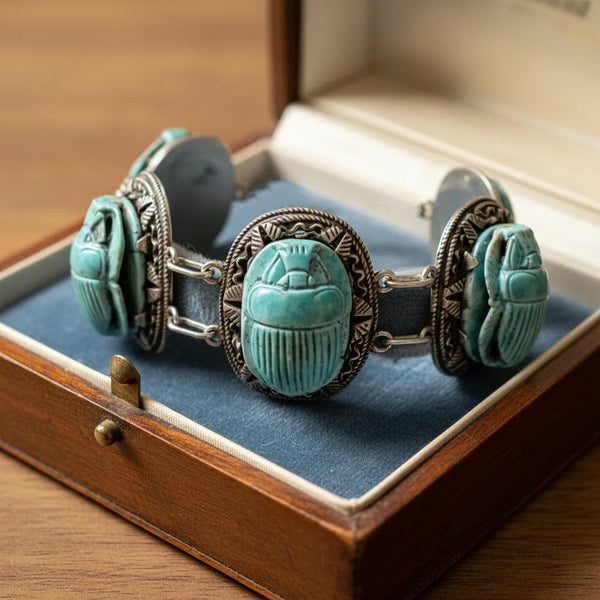 Vintage Egyptian Scarab Bracelet Turquoise Faience Silver