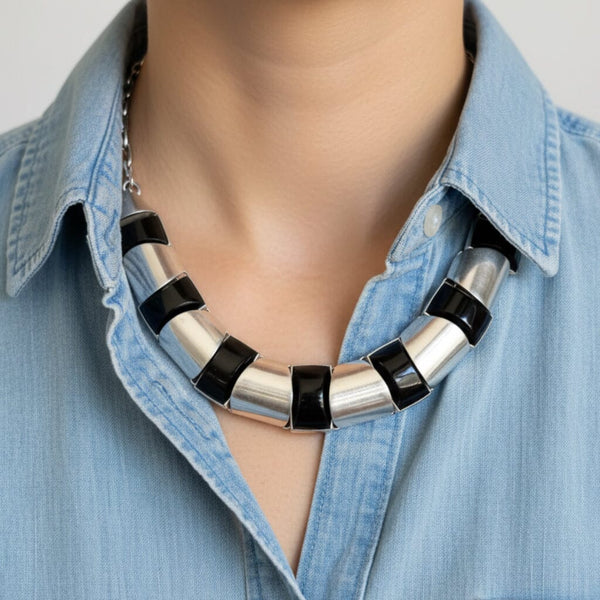 Vintage Mexican Sterling Silver Black Onyx Necklace