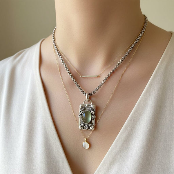 Arts & Crafts Green Chalcedony Pendant, 14K Gold Sterling