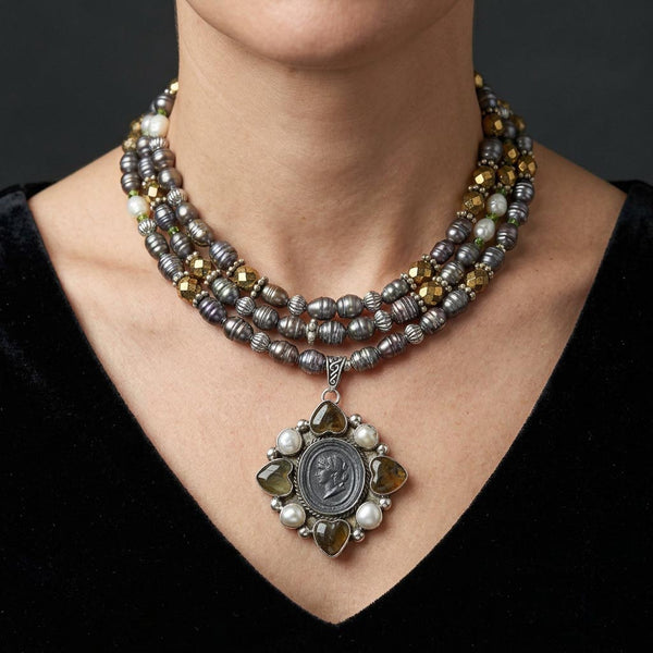 Joan Slifka Labradorite Cameo Brooch Pendant Necklace