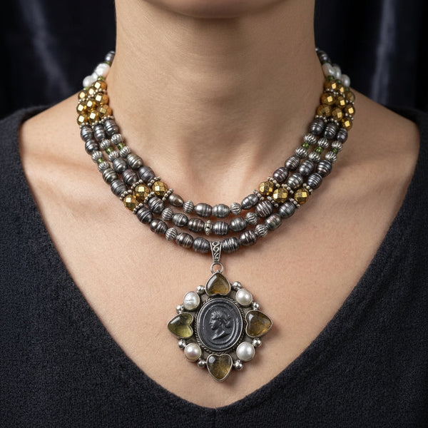 Joan Slifka Labradorite Cameo Brooch Pendant Necklace
