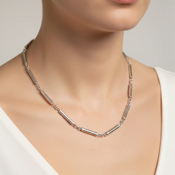Vintage Sterling Silver Bar Link Chain Necklace 17 Inch