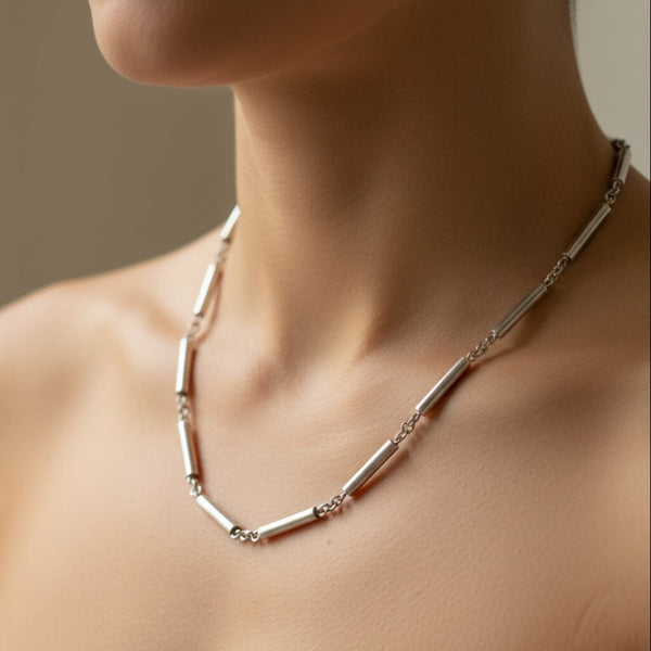Vintage Sterling Silver Bar Link Chain Necklace 17 Inch