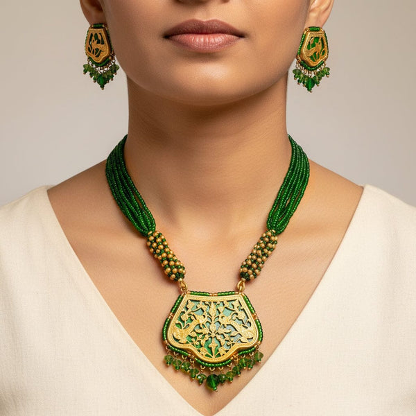 Vintage Thewa 18K Gold Enamel Green Glass Necklace