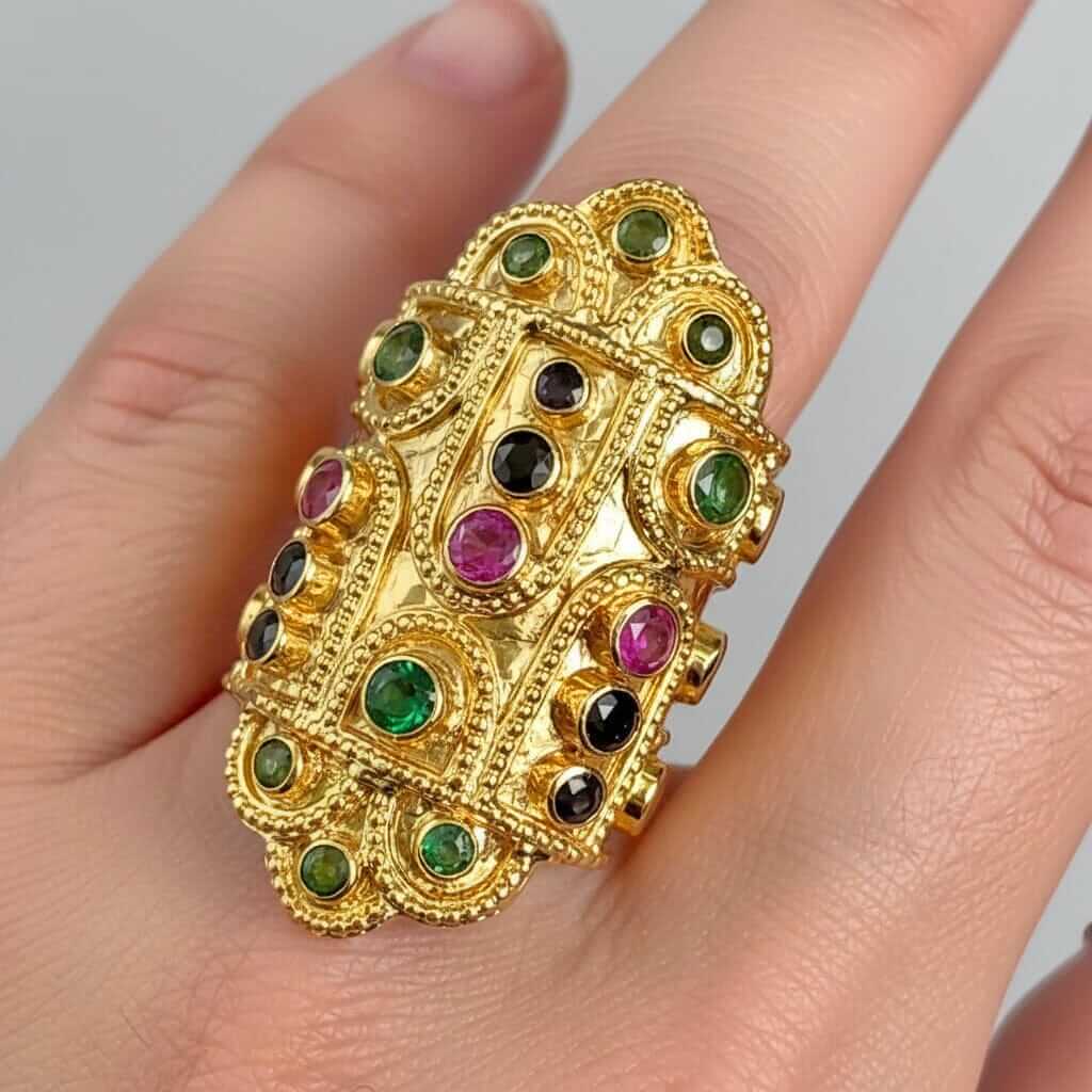 PROFESSIONAL GOLDSMITHING 彫金 アラン・リヴィア Ilias Lalaounis 18K Gold Byzantine Ruby Sapphire Emerald Ring