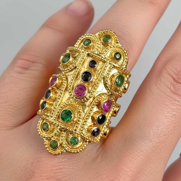 Ilias Lalaounis 18K Gold Byzantine Ruby Sapphire Emerald Ring - Boylerpf