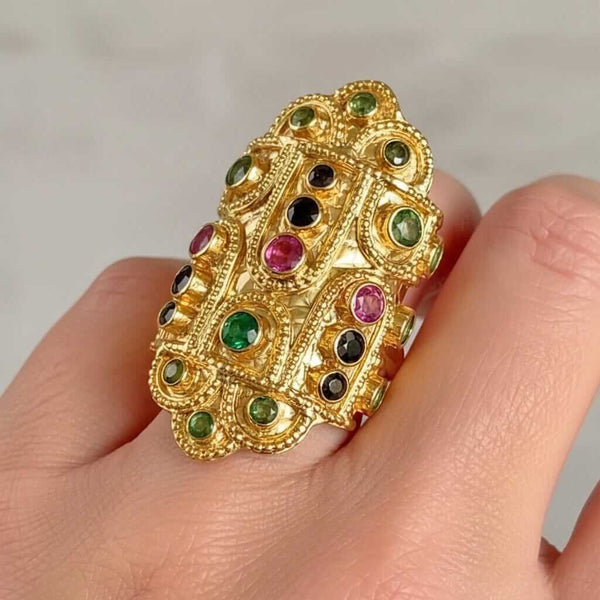 Ilias Lalaounis 18K Gold Byzantine Ruby Sapphire Emerald Ring - Boylerpf