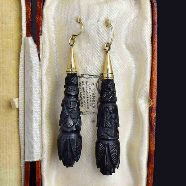 Antique Victorian Gold Carved Whitby Jet Earrings - Boylerpf