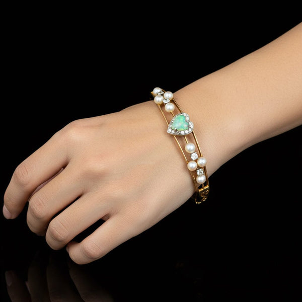 Spectacular 14K Gold Pearl Diamond Opal Bracelet Bangle - Boylerpf