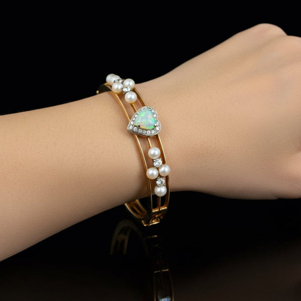 Spectacular 14K Gold Pearl Diamond Opal Bracelet Bangle - Boylerpf