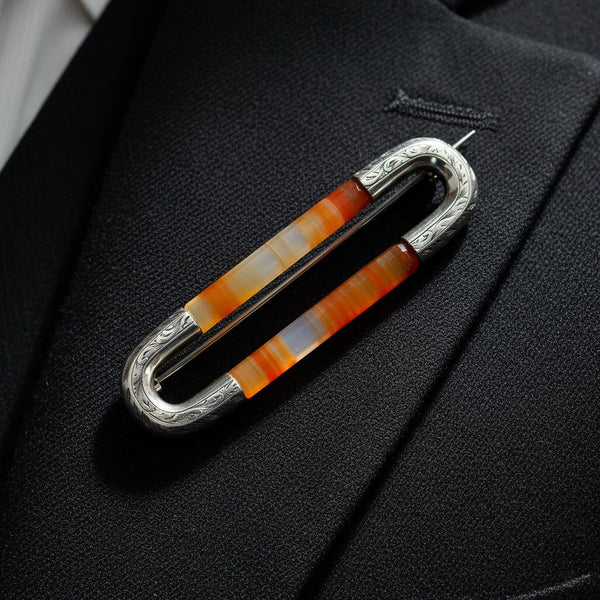 Antique Victorian Silver Scottish Banded Agate Brooch Kilt Pin - Boylerpf