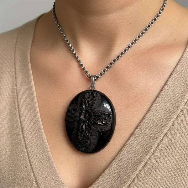 Victorian Whitby Jet Locket Antique Mourning Pendant Large