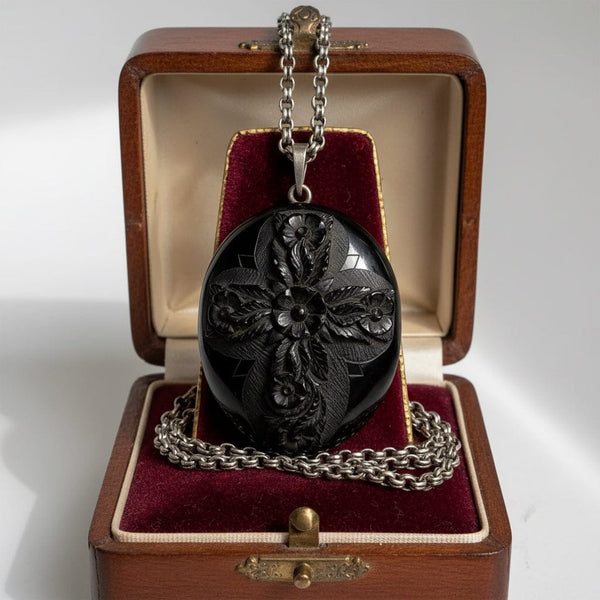 Victorian Whitby Jet Locket Antique Mourning Pendant Large