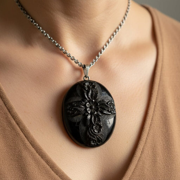 Victorian Whitby Jet Locket Antique Mourning Pendant Large