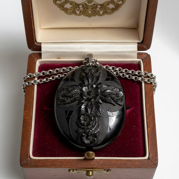 Victorian Whitby Jet Locket Antique Mourning Pendant Large