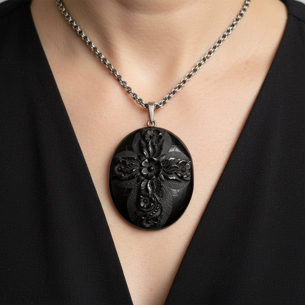 Victorian Whitby Jet Locket Antique Mourning Pendant Large