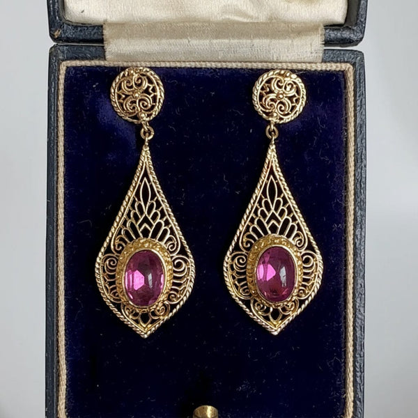 Vintage 14K Gold Amethyst Filigree Dangle Earrings