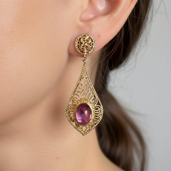 Vintage 14K Gold Amethyst Filigree Dangle Earrings