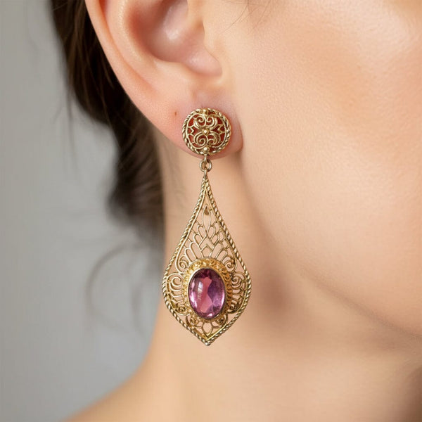 Vintage 14K Gold Amethyst Filigree Dangle Earrings
