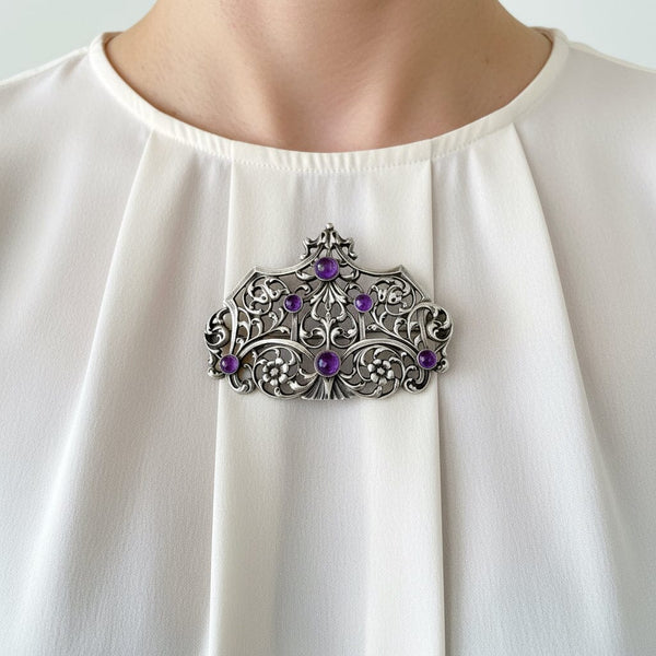 Oversized Antique Silver Cabochon Amethyst Brooch - Boylerpf