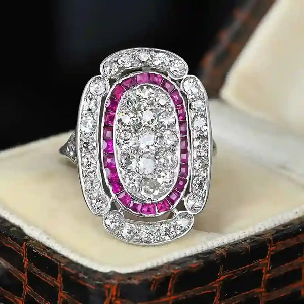 Antique Art Deco Platinum Ruby Halo Diamond Ring - Boylerpf