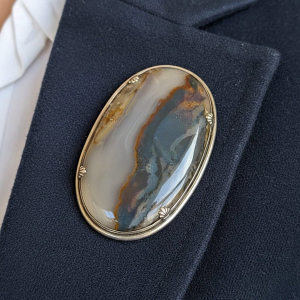 Antique Scottish Agate Brooch 3" Silver Pin Statement