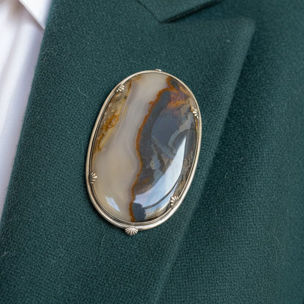 Antique Scottish Agate Brooch 3" Silver Pin Statement