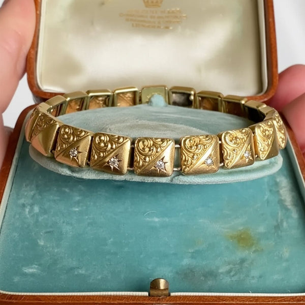 Antique Victorian 14K Gold Diamond Star Link Bracelet
