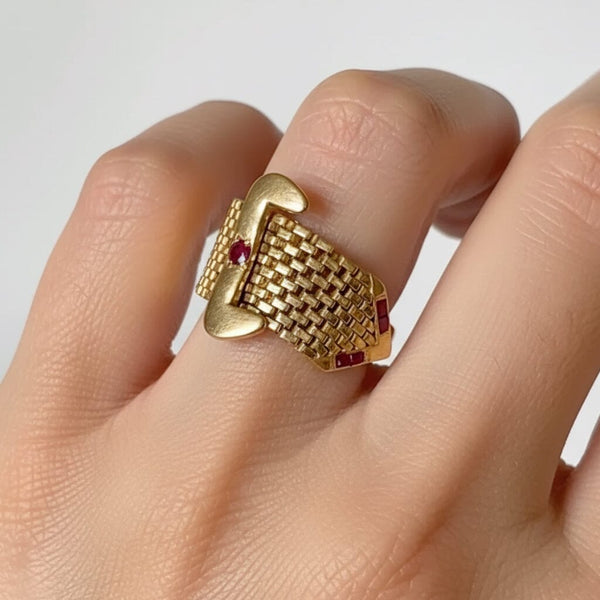 Vintage 14K Gold Ruby Belt Buckle Ring Adjustable Retro 1940s