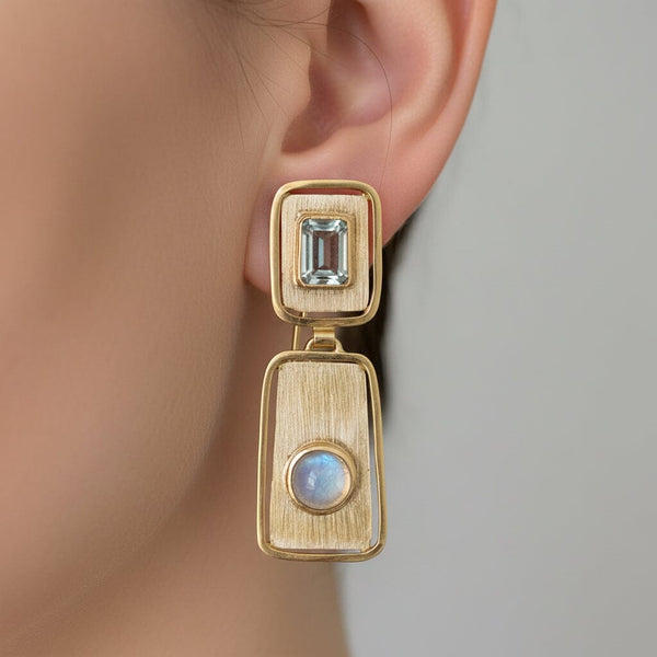 Vintage Moonstone Blue Topaz Earrings, 14K Gold Drops - Boylerpf