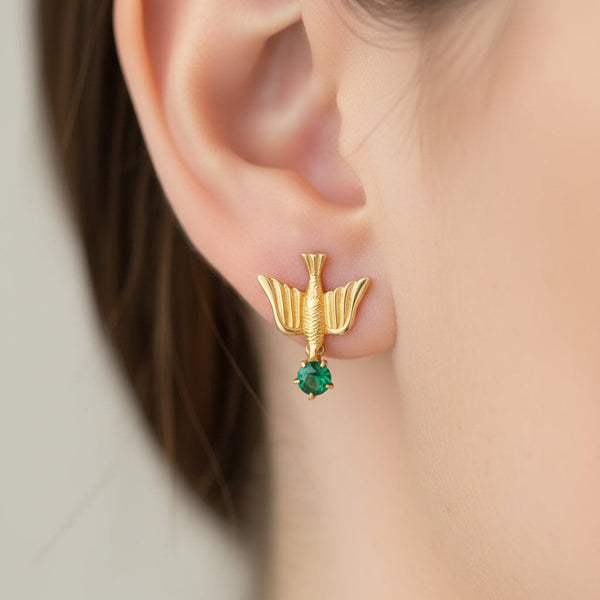 Vintage 1920s Swallow Earrings, 10K Gold Emerald Studs - Boylerpf